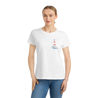 White organic cotton t-shirt with basque coast lighthouse design 