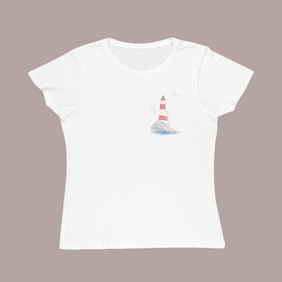 woman organic tee with basque lighthouse design at the front